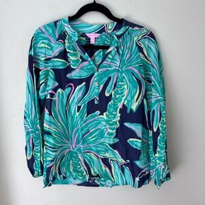 Lilly Pulitzer Silk Blouse Palm Print Long Sleeve‎ Top XXS